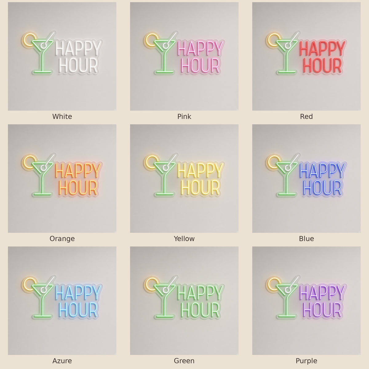 Happy Hour Cocktail Bar Decor LED Neon Sign - nine-color grid