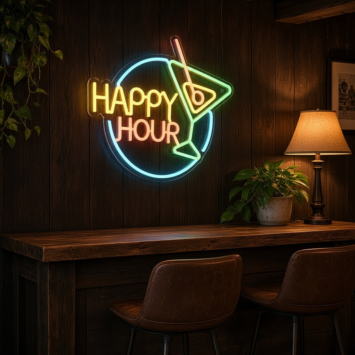 Happy Hour Martini Circle Multicolor for Restaurant Bar LED Neon Sign - lifestyle view