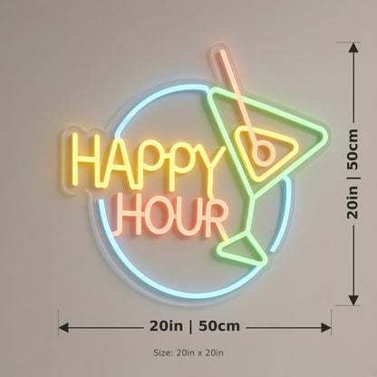Happy Hour Martini Circle Multicolor for Restaurant Bar LED Neon Sign - size guide