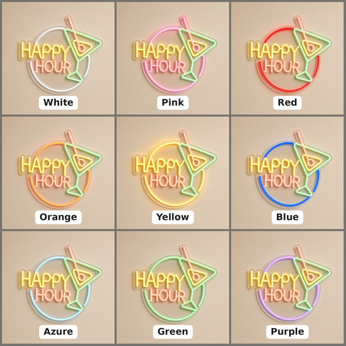 Happy Hour Martini Circle Multicolor for Restaurant Bar LED Neon Sign - nine-color grid