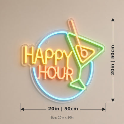 Happy Hour Martini Glass Circle for Cocktail Lounge Wall LED Neon Sign - size guide