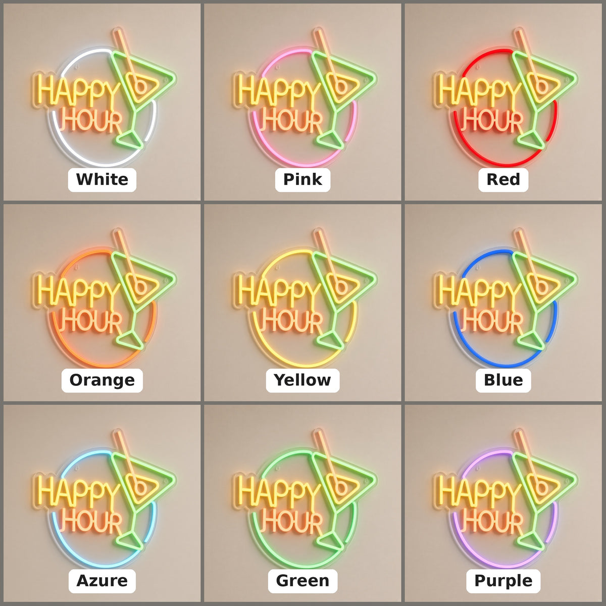 Happy Hour Martini Glass Circle for Cocktail Lounge Wall LED Neon Sign - nine-color grid