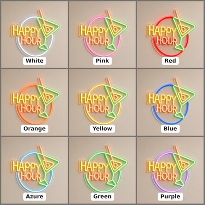 Happy Hour Martini Glass Circle for Cocktail Lounge Wall LED Neon Sign - nine-color grid