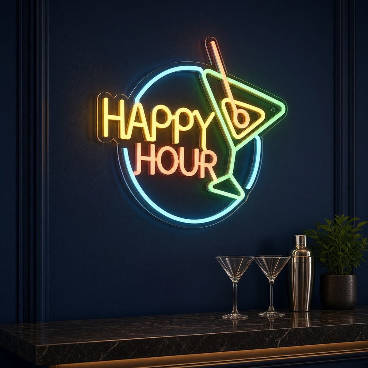 Happy Hour with Martini Glass for Home Bar LED Neon Sign - advertising view