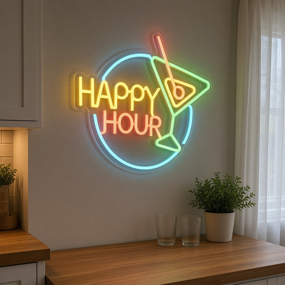 Happy Hour with Martini Glass for Home Bar LED Neon Sign - lifestyle view