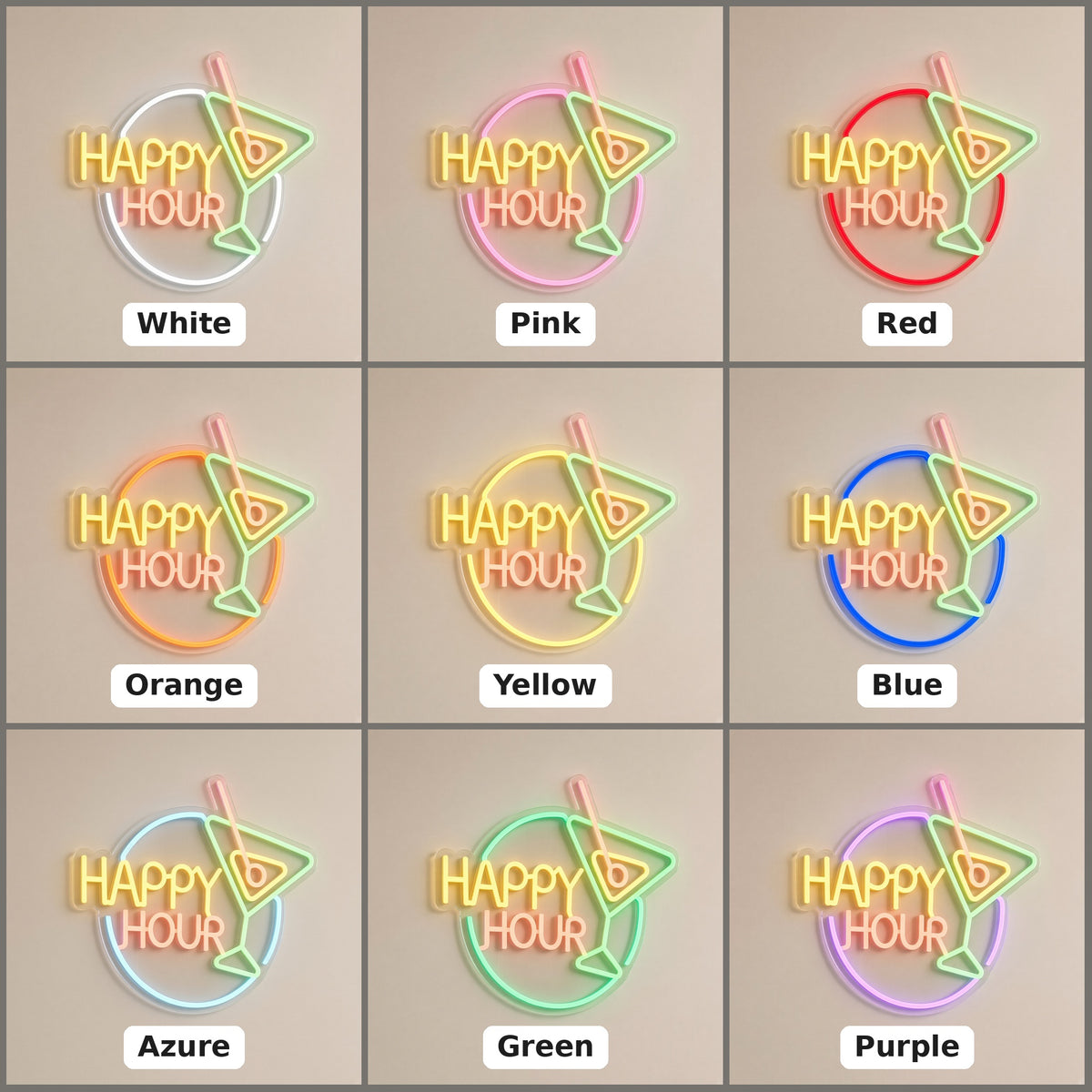 Happy Hour with Martini Glass for Home Bar LED Neon Sign - nine-color grid