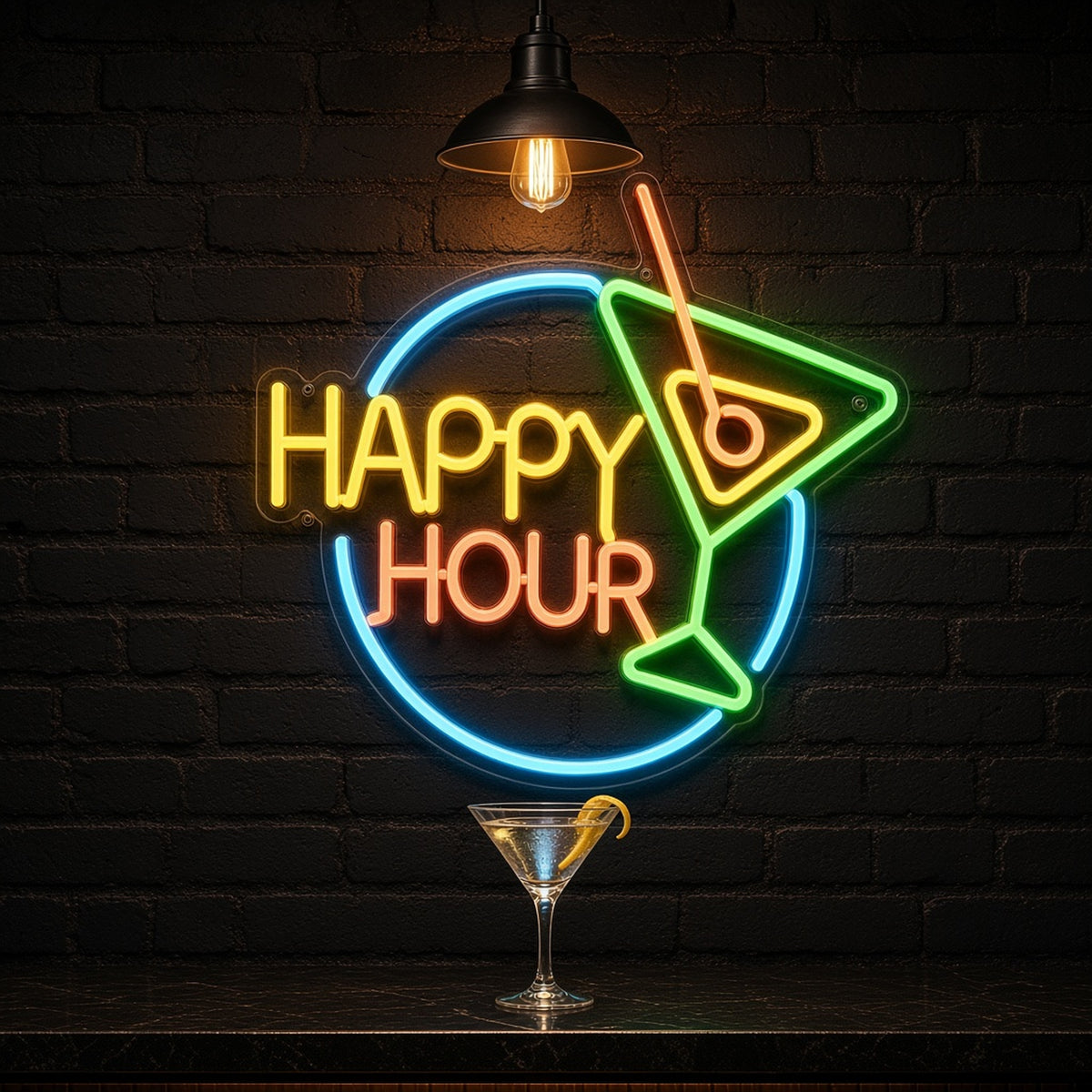 Happy Hour Text Martini Ring for Home Bar LED Neon Sign - advertising view