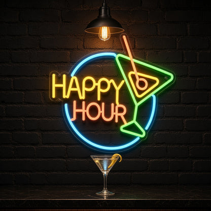Happy Hour Text Martini Ring for Home Bar LED Neon Sign - advertising view