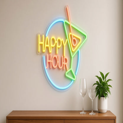 Happy Hour Text Martini Ring for Home Bar LED Neon Sign - lifestyle view