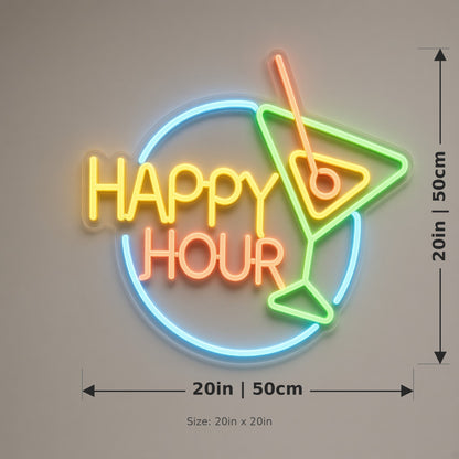 Happy Hour Text Martini Ring for Home Bar LED Neon Sign - size guide