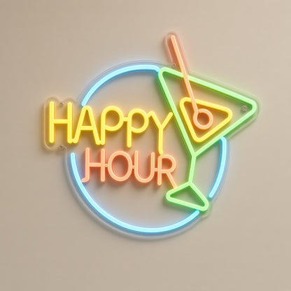 Happy Hour Text Martini Ring for Home Bar LED Neon Sign - natural light view