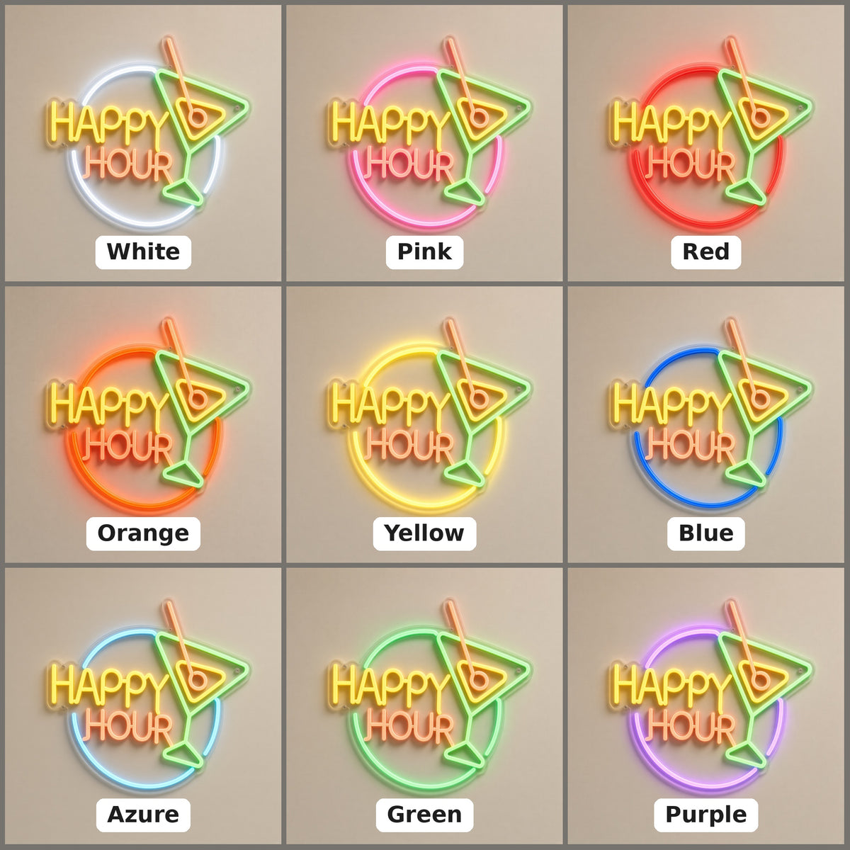 Happy Hour Text Martini Ring for Home Bar LED Neon Sign - nine-color grid