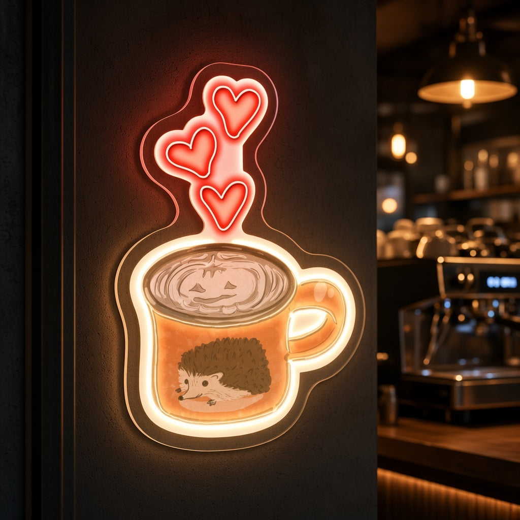 Hedgehog Latte Mug with Hearts LED Neon Sign - advertising view