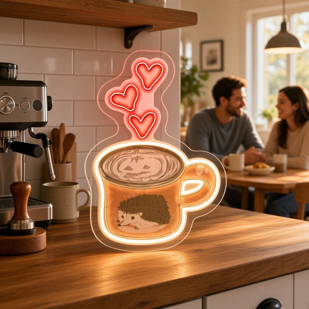 Hedgehog Latte Mug with Hearts LED Neon Sign - lifestyle view