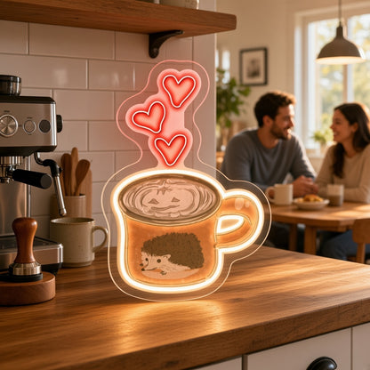 Hedgehog Latte Mug with Hearts LED Neon Sign - lifestyle view