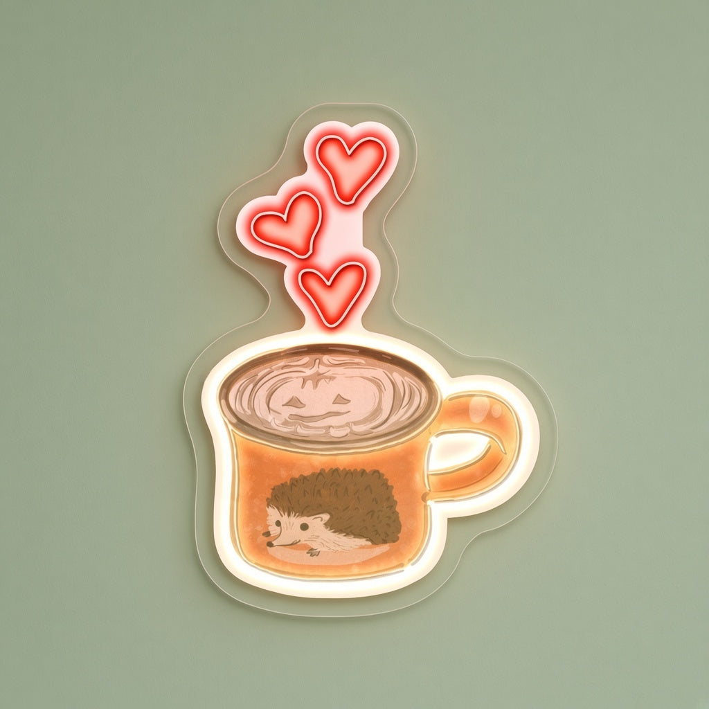 Hedgehog Latte Mug with Hearts LED Neon Sign - natural light view