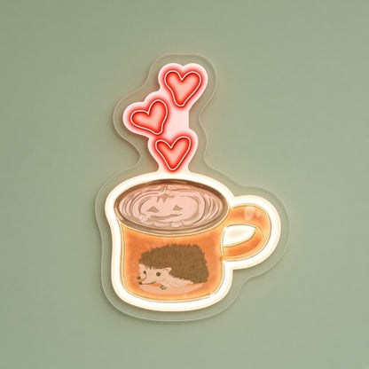 Hedgehog Latte Mug with Hearts LED Neon Sign - natural light view