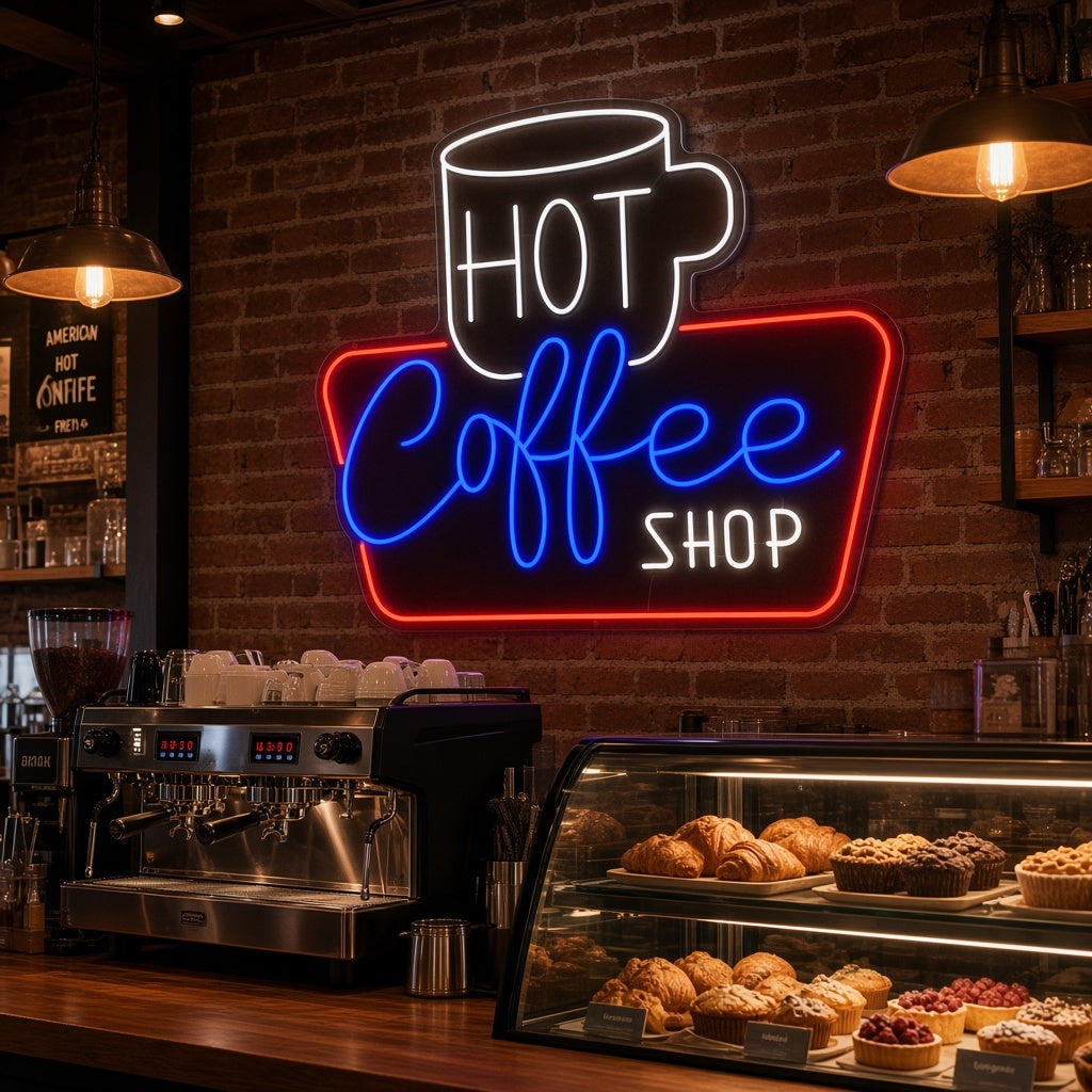 Hot Coffee Shop LED Neon Sign - advertising view