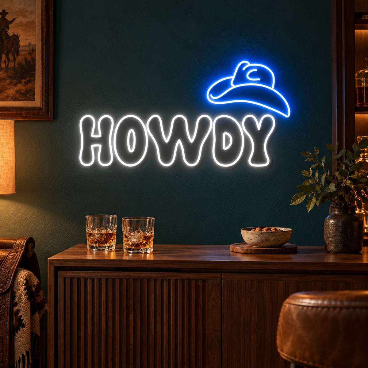 HOWDY Cowboy Hat LED Neon Sign - advertising view
