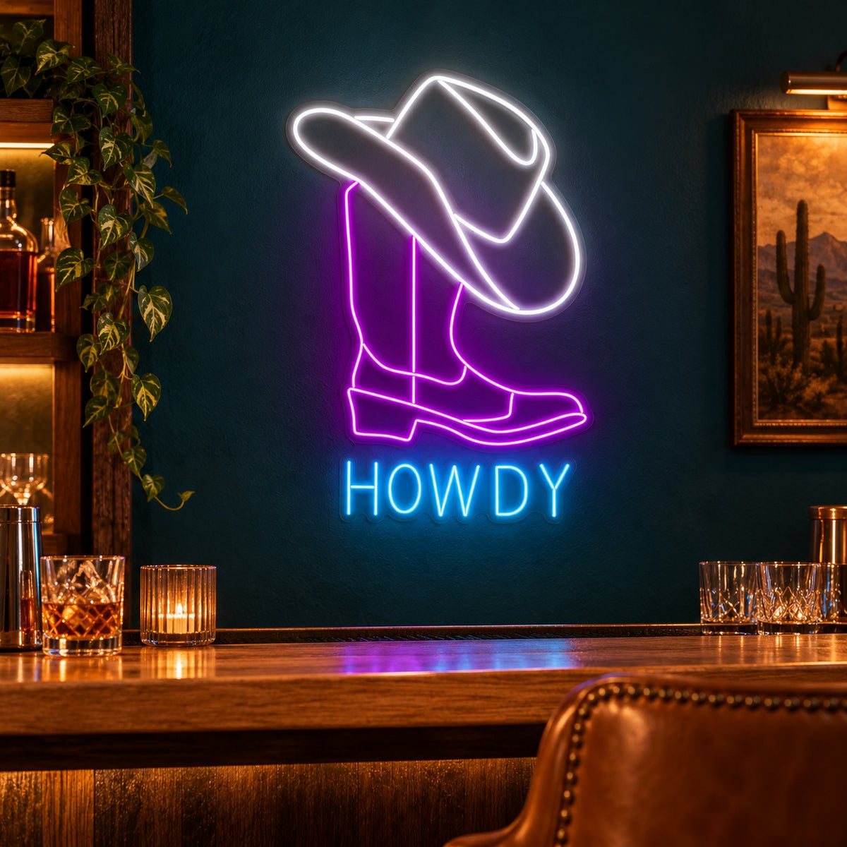 HOWDY Cowboy Hat and Boot LED Neon Sign - advertising view