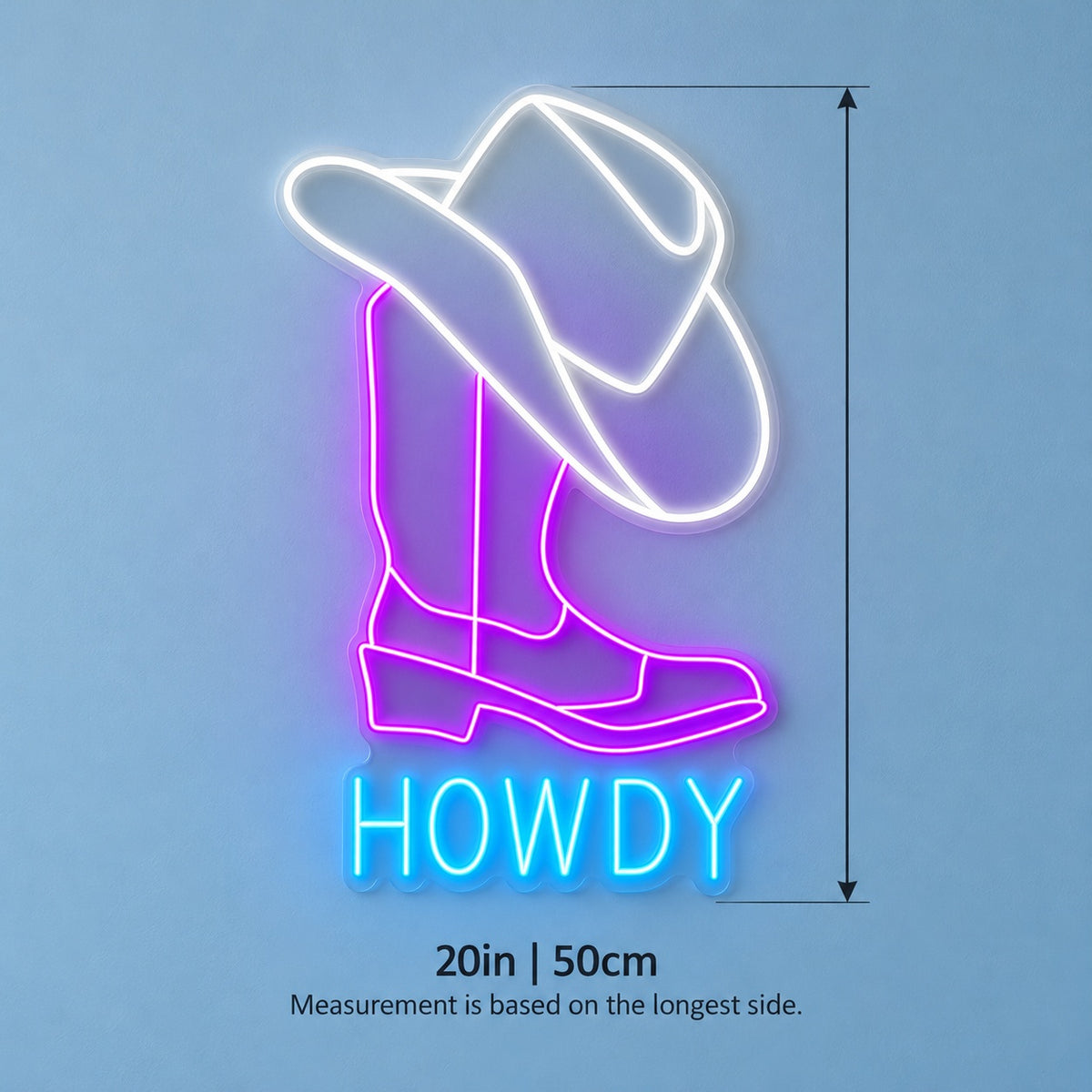 HOWDY Cowboy Hat and Boot LED Neon Sign - size guide