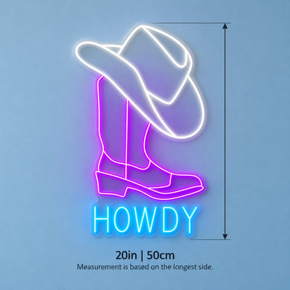HOWDY Cowboy Hat and Boot LED Neon Sign - size guide