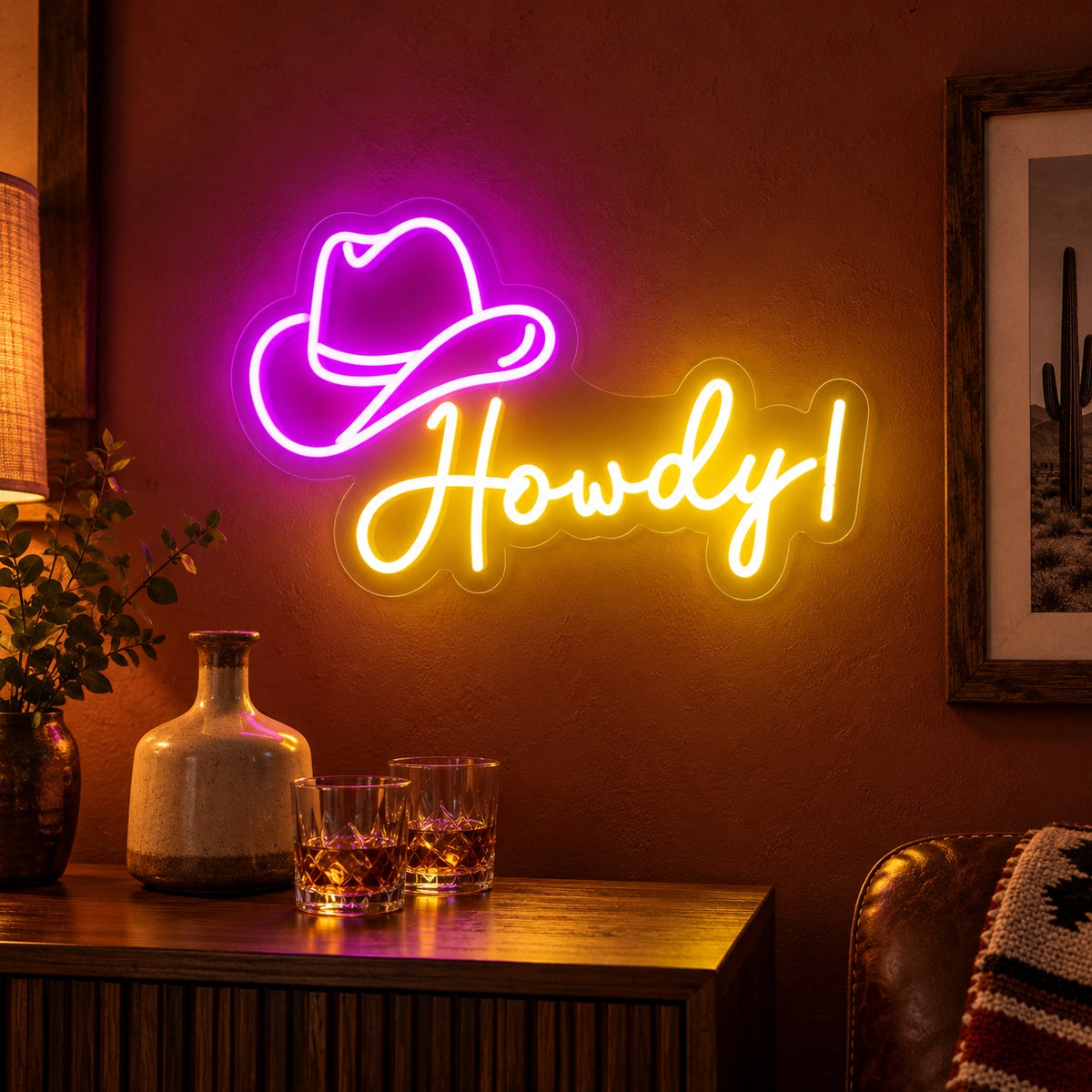 Howdy Cowboy Hat LED Neon Sign - advertising view