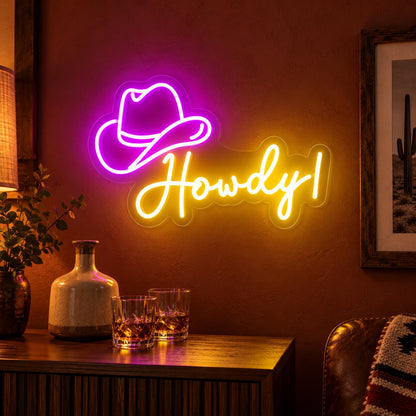 Howdy Cowboy Hat LED Neon Sign - advertising view