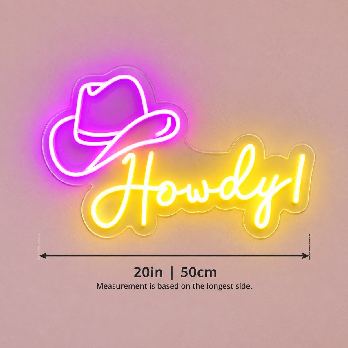Howdy Cowboy Hat LED Neon Sign - size guide