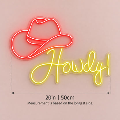 Howdy Cowboy Hat LED Neon Sign - size guide