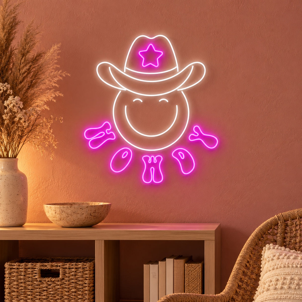 HOWDY Smiley Cowboy with Star Hat LED Neon Sign - advertising view
