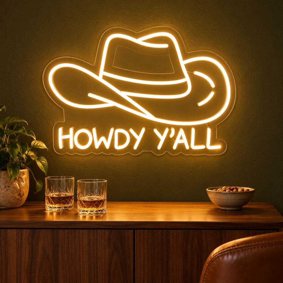 Howdy Y’all Cowboy Hat LED Neon Sign - advertising view