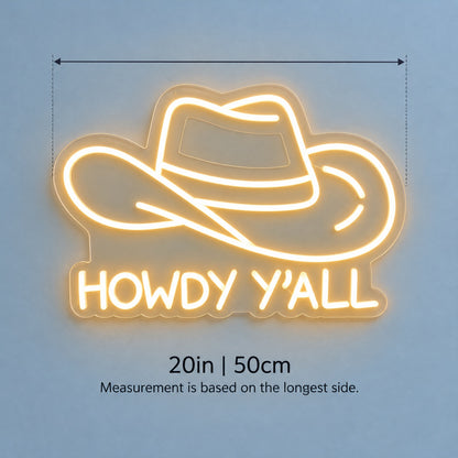 Howdy Y’all Cowboy Hat LED Neon Sign - size guide