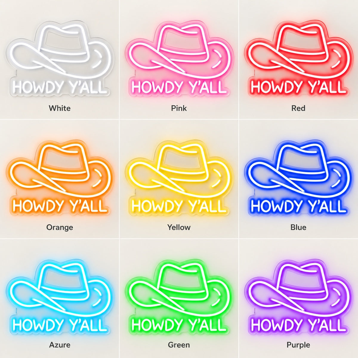 Howdy Y’all Cowboy Hat LED Neon Sign - nine-color grid