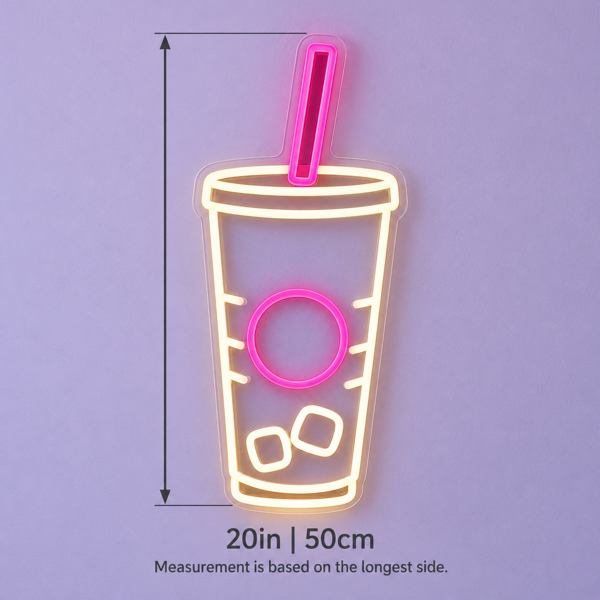 Iced Drink Cup Straw LED Neon Sign - size guide