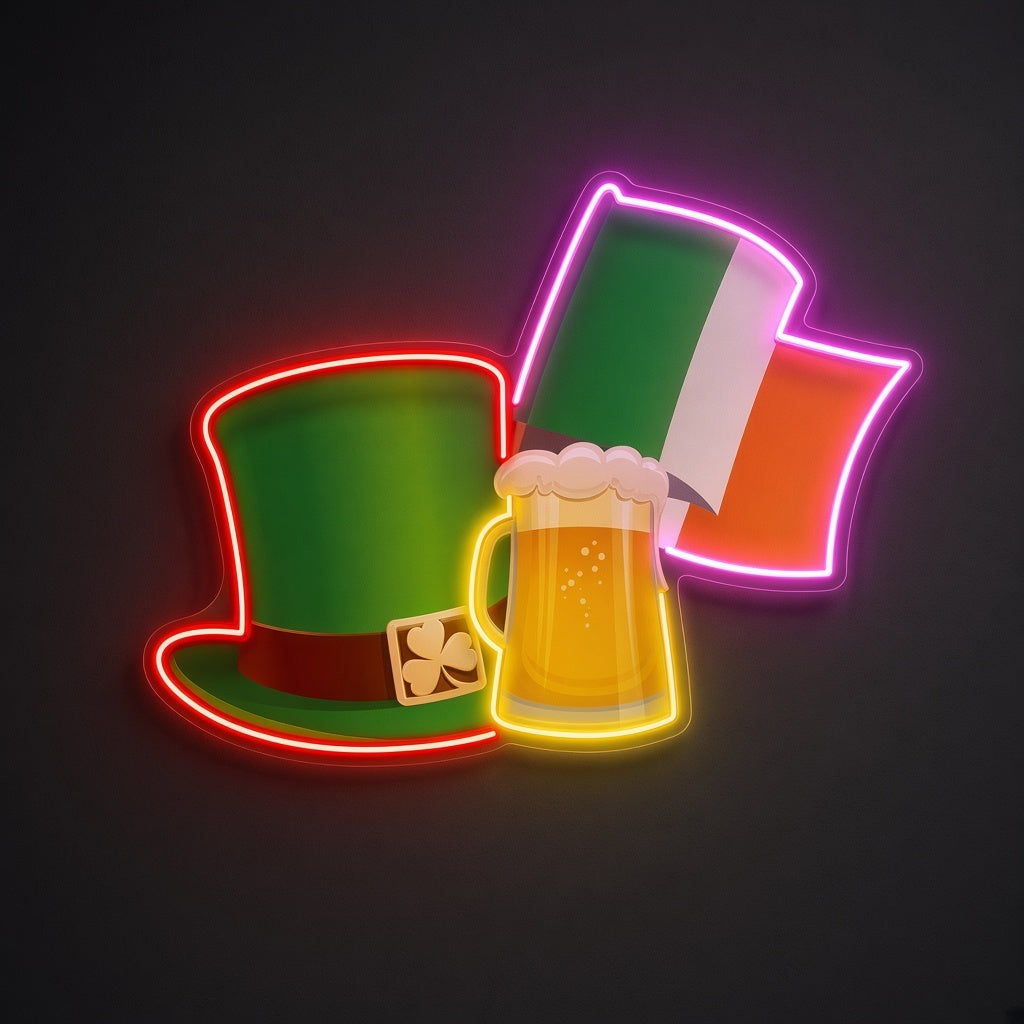 Leprechaun Hat Beer & Irish Flag LED Neon Sign - product hero
