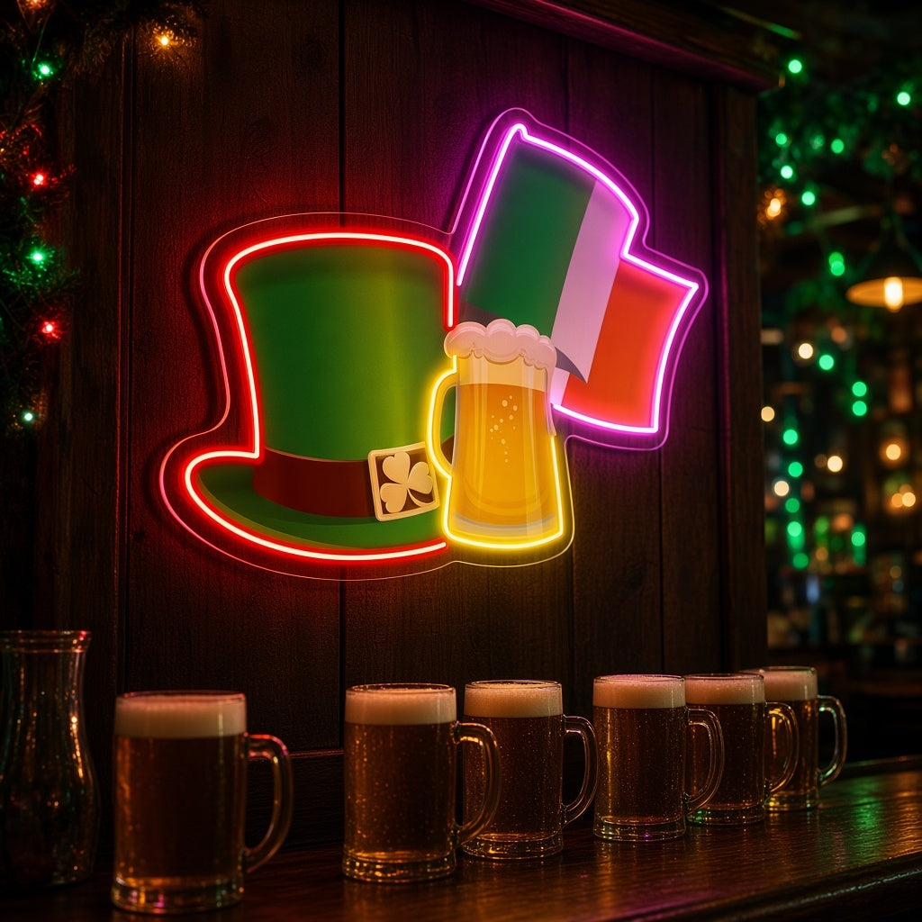 Leprechaun Hat Beer & Irish Flag LED Neon Sign - advertising view