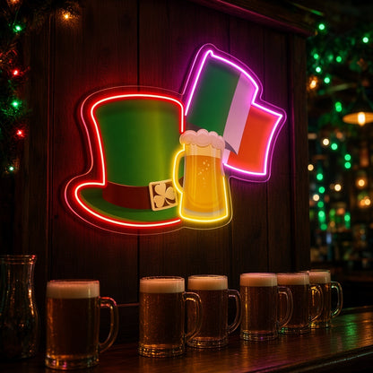Leprechaun Hat Beer & Irish Flag LED Neon Sign - advertising view
