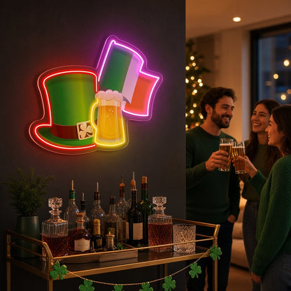 Leprechaun Hat Beer & Irish Flag LED Neon Sign - lifestyle view