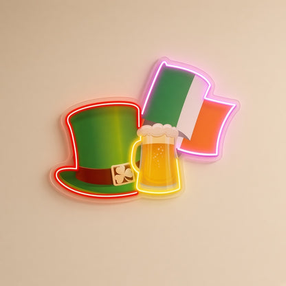 Leprechaun Hat Beer & Irish Flag LED Neon Sign - natural light view