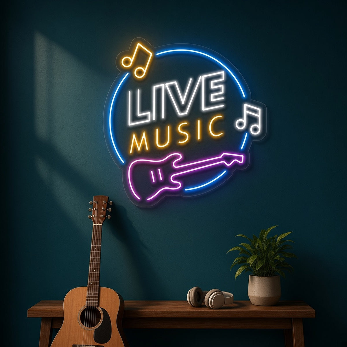 Live Music with Guitar and Music Notes for Studio LED Neon Sign - advertising view
