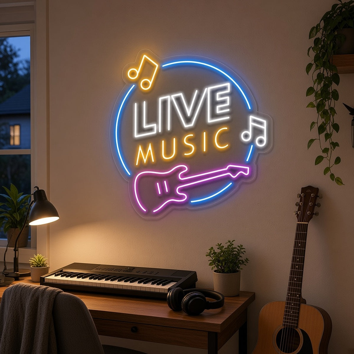 Live Music with Guitar and Music Notes for Studio LED Neon Sign - lifestyle view