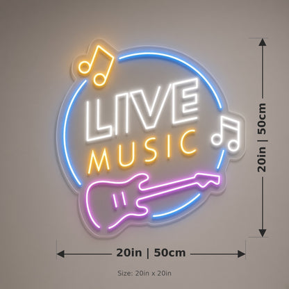 Live Music with Guitar and Music Notes for Studio LED Neon Sign - size guide
