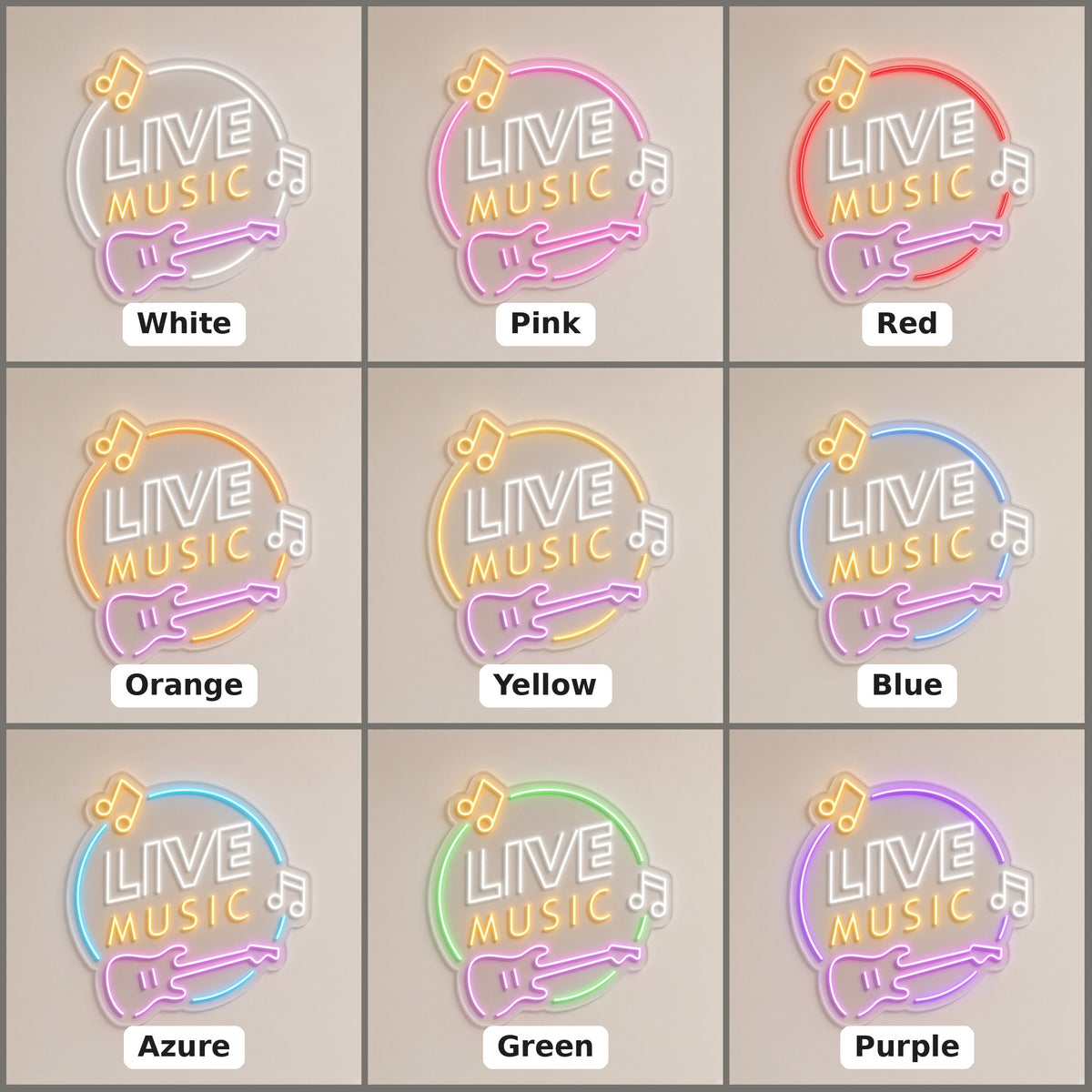 Live Music with Guitar and Music Notes for Studio LED Neon Sign - nine-color grid