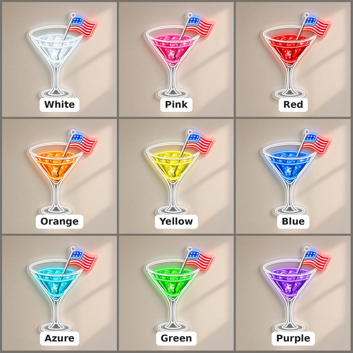 Martini Glass American Flag Cocktail for Home Bar LED Neon Sign - nine-color grid