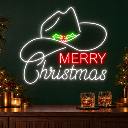 Merry Christmas Cowboy Hat LED Neon Sign - advertising view