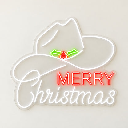 Merry Christmas Cowboy Hat LED Neon Sign - natural light view