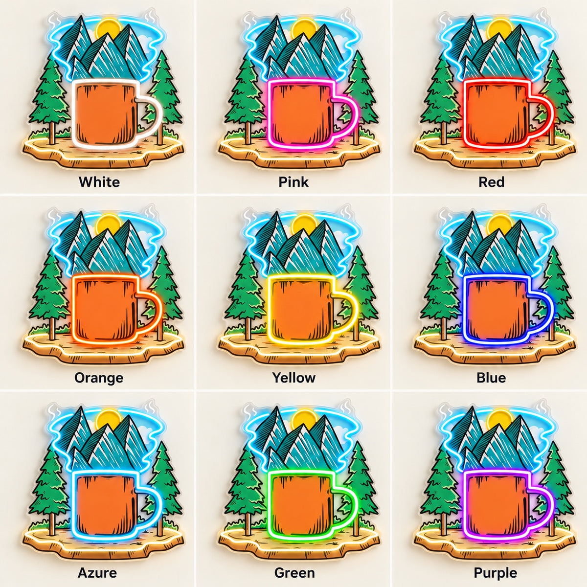 Mountain Coffee Mug Forest LED Neon Sign - nine-color grid