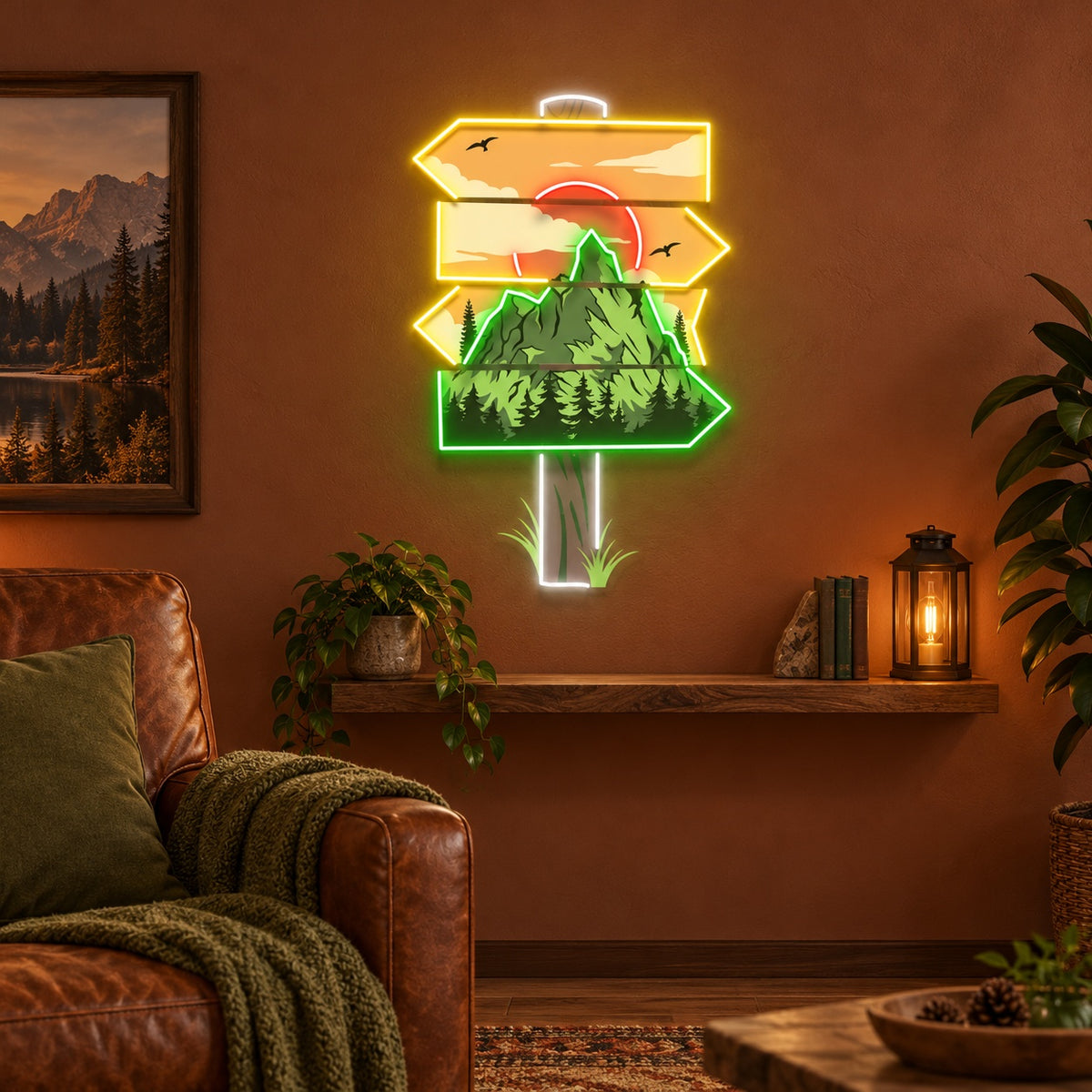 Mountain Sunset Trail Signpost LED Neon Sign - advertising view