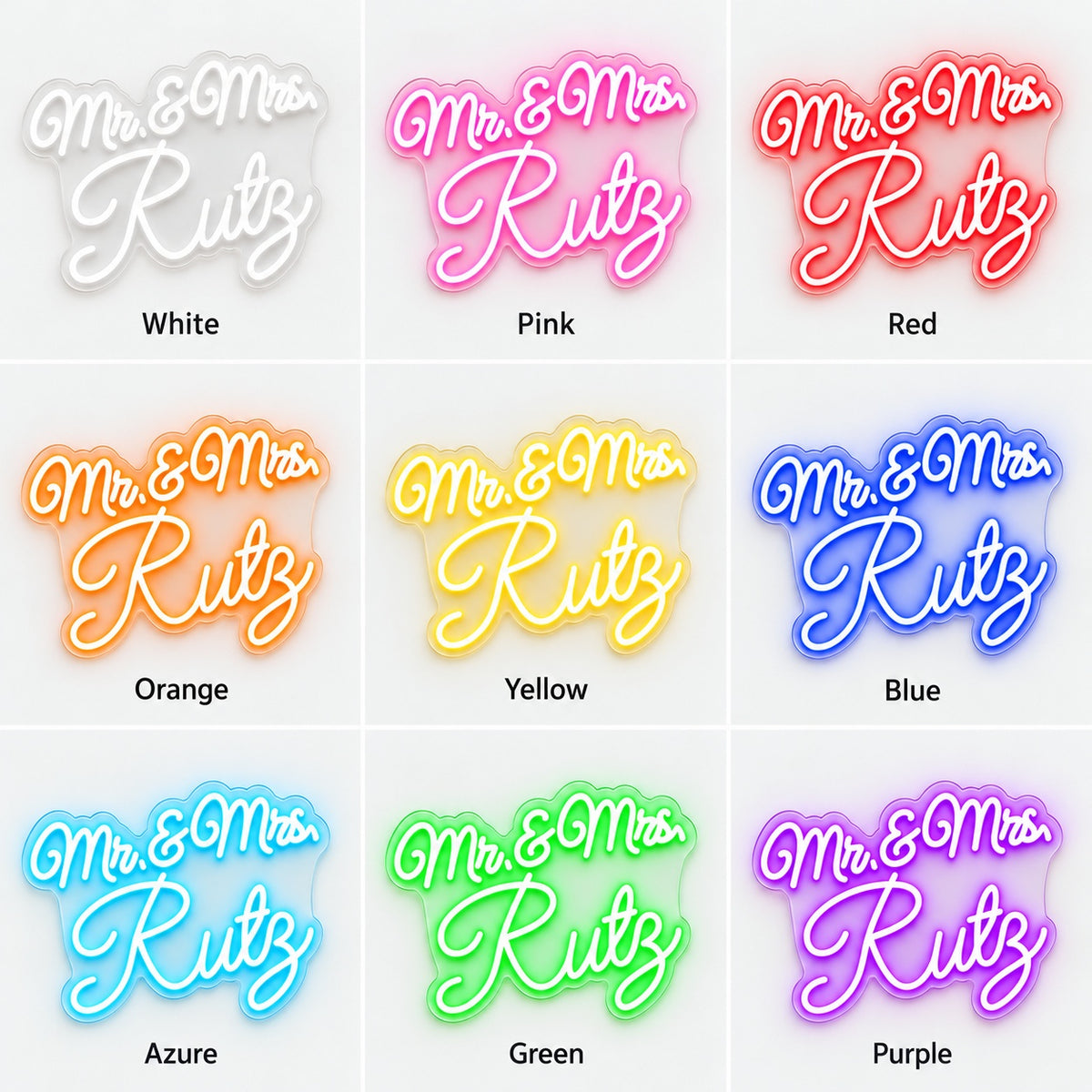 Mr. & Mrs. Rutz LED Neon Sign - nine-color grid